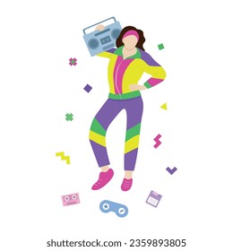 Girl in 90s style with a tape recorder on her shoulder, flat vector, isolated on white, faceless illustration, bright clothes 