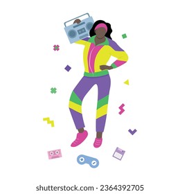 Girl in 90s style with a tape recorder on her shoulder, flat vector, isolate on white, faceless illustration, bright clothes, dark-skinned girl