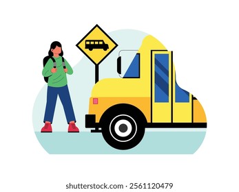 The girl is about to board the school's yellow bus, she will go home after waiting for the bus. 
design, vector, illustration