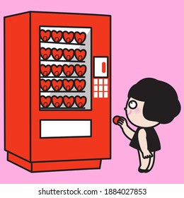 Girl Is About To Put Or Insert Coin Into The Red Heart Vending Machine. Valentine's Day Concept Card Character illustration