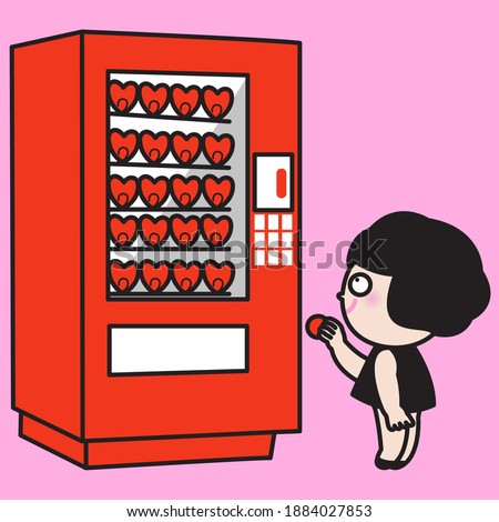 Girl Is About To Put Or Insert Coin Into The Red Heart Vending Machine. Valentine's Day Concept Card Character illustration