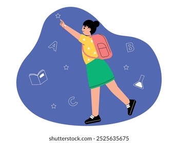 Girl is about to touch the star happily, back to school ready to learn, vector illustration.