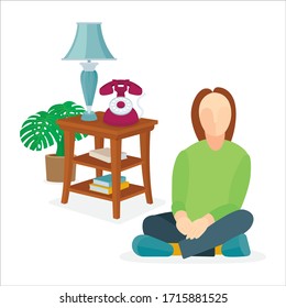 Girl abstract character sitting in a lotus position on the floor with little coffee table, old phone, green plants and lamp on background. Vector illustration, part of set.