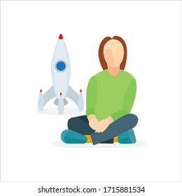 Girl abstract character sitting in a lotus position with toy rocket on background. Vector illustration, part of set.