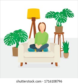 Girl abstract character sitting in a lotus position in armchair with green decorative plants and lamp on background. Vector illustration, part of set.