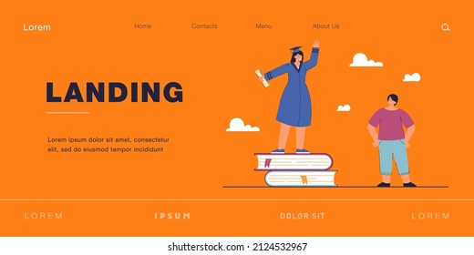 Girl in academic dress with diploma standing on pile of books. Brother looking at his smart and successful sister flat vector illustration. Education, achievement, success, graduate concept