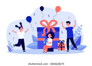 Girl accepting gifts from friends on her birthday. Present, holiday, celebration. Flat vector illustration. Birthday concept can be used for presentations, banner, website design, landing web page