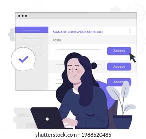 girl accepting task, task management system flat design illustration, task scheduling,  Happy businesswoman doing office work, task assign, manager responsibilities, working women, 