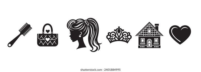 Juego de iconos de chicas y accesorios. Ilustración del vector