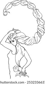 A menina de acordo com o horóscopo de escorpião. Desenho linear vetorial de uma menina. Para a impressão de cartões postais, livros de colorir, cartões postais. Para impressão de roupas, pratos, tatuagens. Símbolo místico na astrologia.