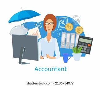 The girl is an accountant. A woman surrounded by symbols and accounting items