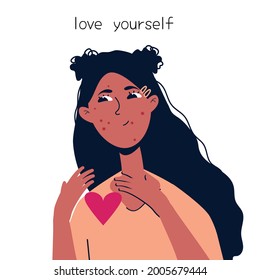 A girl with acne accepts herself for who she is. The girl loves herself without complexes. Girl holding heart 