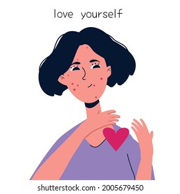 A girl with acne accepts herself for who she is. The girl loves herself without complexes. Girl holding heart 