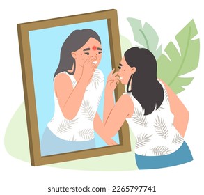 Niña con problema de piel de acné ilustración vectorial. Preocupada joven triste mirando al espejo en rojo o corriendo en la cara. Concepto de atención de la piel y dermatología