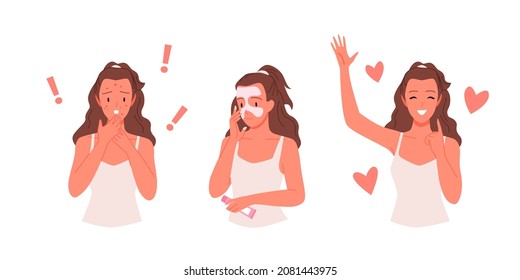 Girl With Acne Trouble Before And After Treatment Vector Illustration. Cartoon Young Woman Using Cosmetic Facial Cream Or Lotion To Treat Pimples, Scars Isolated On White. Medicine, Beauty Concept