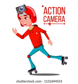 Girl With Action Camera Vector. Teenager. Red Helmet. Roller Skate. Shooting Process. Active Type Of Rest. Recording Video. Isolated Cartoon Illustration
