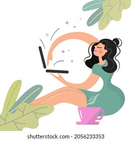 The girl is actively doing work on the laptop. Brunette in a green dress with a computer and a cup of coffee. Student studies and works at home. Vector isolated in flat style with decorative leaves