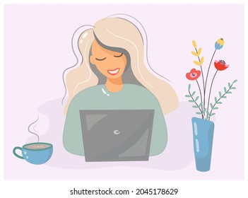 The girl is actively working and studying at the computer in the summer. Blonde with a laptop, a cup of coffee and a bouquet of flowers. Remote work and training. Cartoon vector design with cute woman