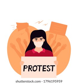Girl activist in a protective mask holding a placard. Fight for human rights. Protest against violence