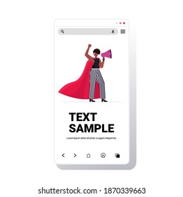 girl activist screaming in loudspeaker female empowerment movement women power concept smartphone screen full length copy space vector illustration