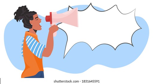 girl activist talking in loudspeaker female empowerment movement women power announcement concept portrait horizontal vector illustration