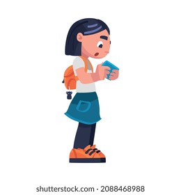 Girl Addicted to Gadget Standing and Playing Video Game Vector Illustration.