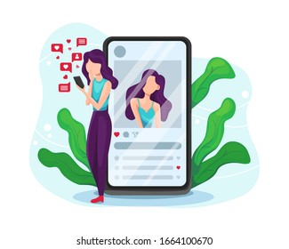 Girl addicted to social media and online feedback. Internet and social networks addiction. Addiction to internet approval and validation. Social network addiction concept. Flat vector illustration