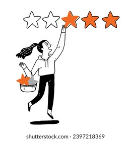 Girl is adding stars to rate for social media. Hand drawing vector illustration line art doodle style.