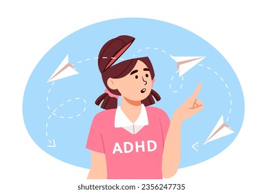 Girl with Adhd concept. Child with mental disorder and psychological illness. Child counts paper air planes and follows them. Problem with attention and concentration. Cartoon flat vector illustration