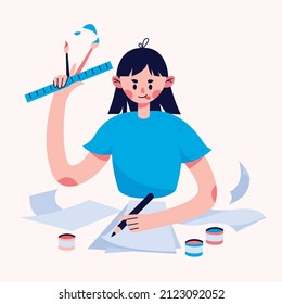 Girl With ADHD Hyper-focused On Different Tasks. Concentration And Attention Disorder. Kid With ADD. Hyperactive Child At School. Flat Illustration Background Banner Design.