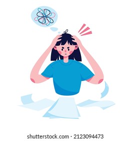 Girl with ADHD suffering from concentration difficulty. Distracted mind at work, school. Intrusive thoughts, stress and anxiety. Flat illustration background banner design.