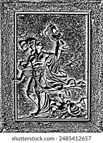A girl admires her beauty in the mirror.
Decorative composition of a girl with a mirror in her hand, edged with a frame.