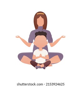 A girl with an adorable baby is sitting and doing yoga. Isolated. Cartoon style. Vector illustration