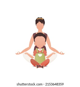 A girl with an adorable baby is sitting meditating in the lotus position. Isolated. Cartoon style. Vector illustration