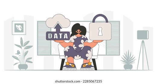 Niña adornada con almacenamiento en la nube y candado, en estilo vectorial moderno.