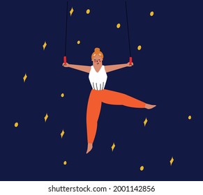 la chica es una gimnasta aérea que azota los anillos. Acrobacias, ejercicios de circo. Ilustración vectorial en un estilo plano