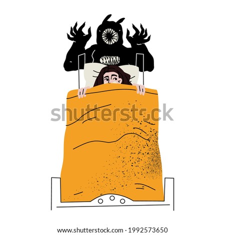 Girl is afraid of the dark, she is tormented by nightmares. The monster crawled out from under the bed. night terrors, paranormal phenomena, horror movies