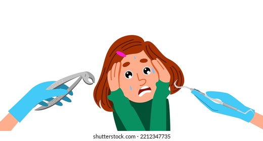 The girl is afraid of the dentist. A frightened patient is a child experiencing a panic attack in the office of a dental clinic.