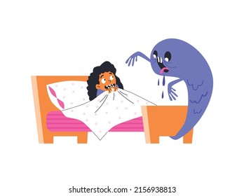 Girl is afraid of monster under the bed, flat vector illustration isolated on white background. Frightened kid under the blanket screams of fear. Childish phobia concept.