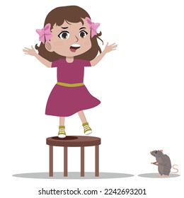 girl afraid of mouse, terrified screaming child, vector illustration with isolated background.