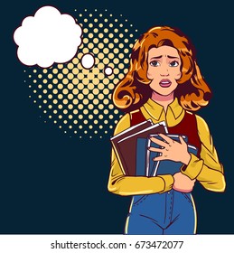 The girl is afraid pop art. Beautiful student on a dark street and keeps books. Vector illustration in comic style. EPS 10.