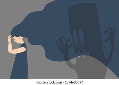 The girl is afraid. Suppressed state. Stress. Fear, fright. The child is crying. Banner, background, vector