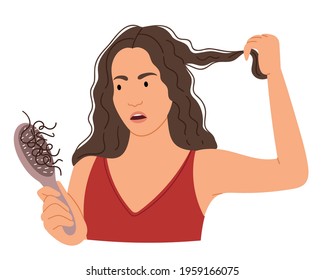 The girl is afraid that her hair is falling out.Hair loss after illness. Comb with hair. Scalp care at a trichologist.