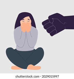 The girl is afraid of violence. Young woman and a man's fist. Stop violence against women. Women is sitting with her face in her hands. Vector flat illustration about 
domestic violence and abuse.