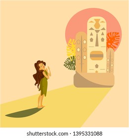
girl in africa under the scorching sun prays totems of their gods of the tribe. exotic bright picture. girl from the tribe. flat vector.