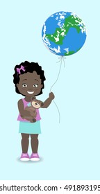 Girl African American holds the Earth, like a balloon. Vector illustration