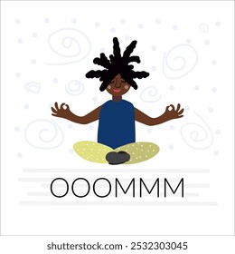 Girl african american sitting in yoga lotus pose. She spending pastime in meditation, relax and concentration. Keeping balance. Adorable vector artwork about sport, healthy lifestyle and calm mind. 