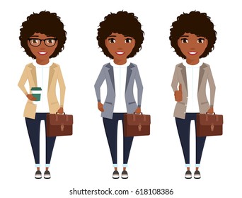 A girl of African descent in a business suit. Young businessman. Set. Character. On white background in flat style.