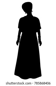 Girl in African national costume standing front side silhouette, vector outline portrait, black and white contour drawing. Woman with turban cap, in traditional dress, isolated on white background