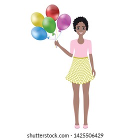 Girl African, teenager, beautiful with balloons - vector. Summer time. Vacation.